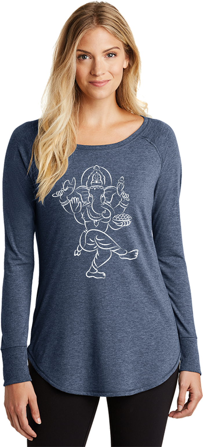 Womens Yoga T-shirt Sketch Ganesha White Print Long Sleeve Tunic